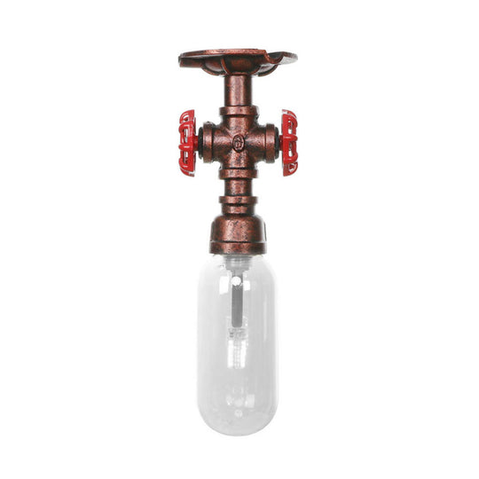 Industrial Bathroom Semi Flush Ceiling Light Fixture With Clear Glass Oval Shade In Weathered
