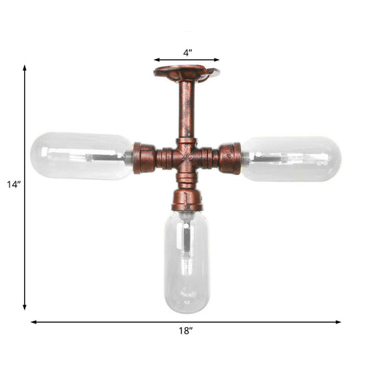 Industrial Weathered Copper Semi Mount Indoor Ceiling Light With Clear Glass And Pipe Design -