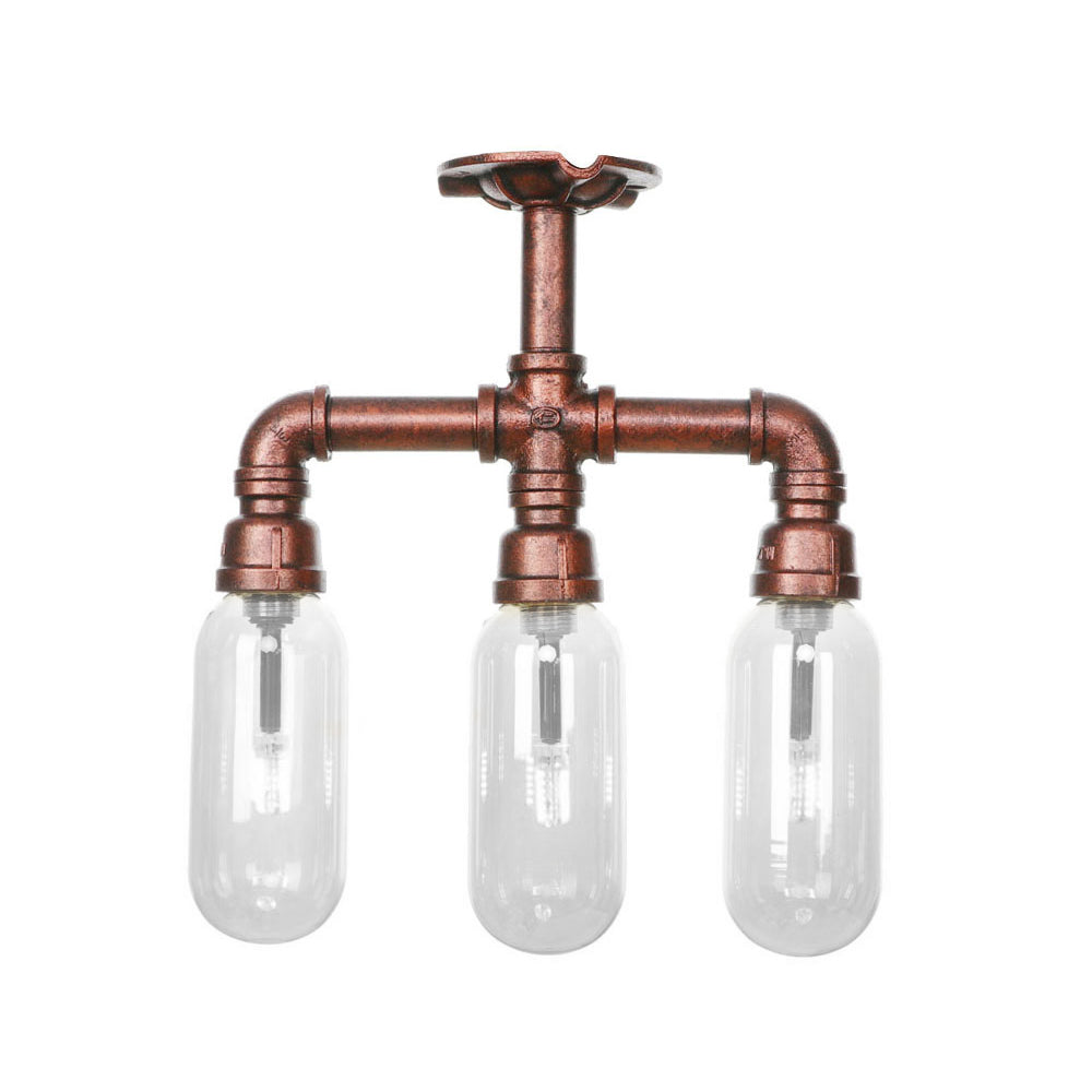Industrial Weathered Copper Semi Mount Indoor Ceiling Light With Clear Glass And Pipe Design -