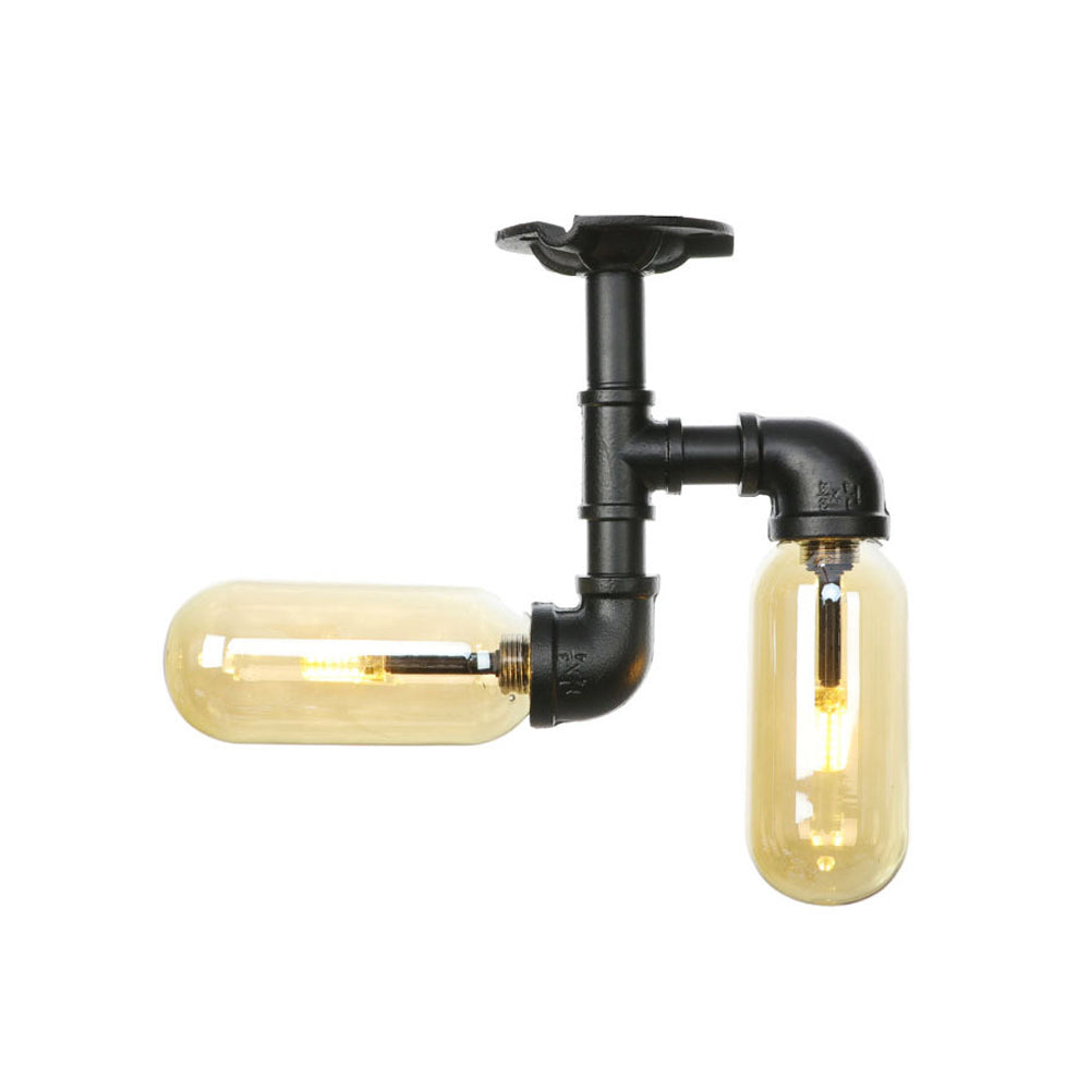 Rustic 2 - Bulb Amber Glass Semi Mount Ceiling Light In Matte Black - Dining Room Lighting With