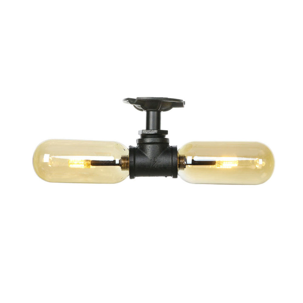 Rustic 2 - Bulb Amber Glass Semi Mount Ceiling Light In Matte Black - Dining Room Lighting With