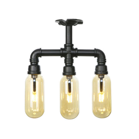 Vintage Amber Glass Ceiling Light With Matte Black Semi Flush Design - 3/4 Oval Shade