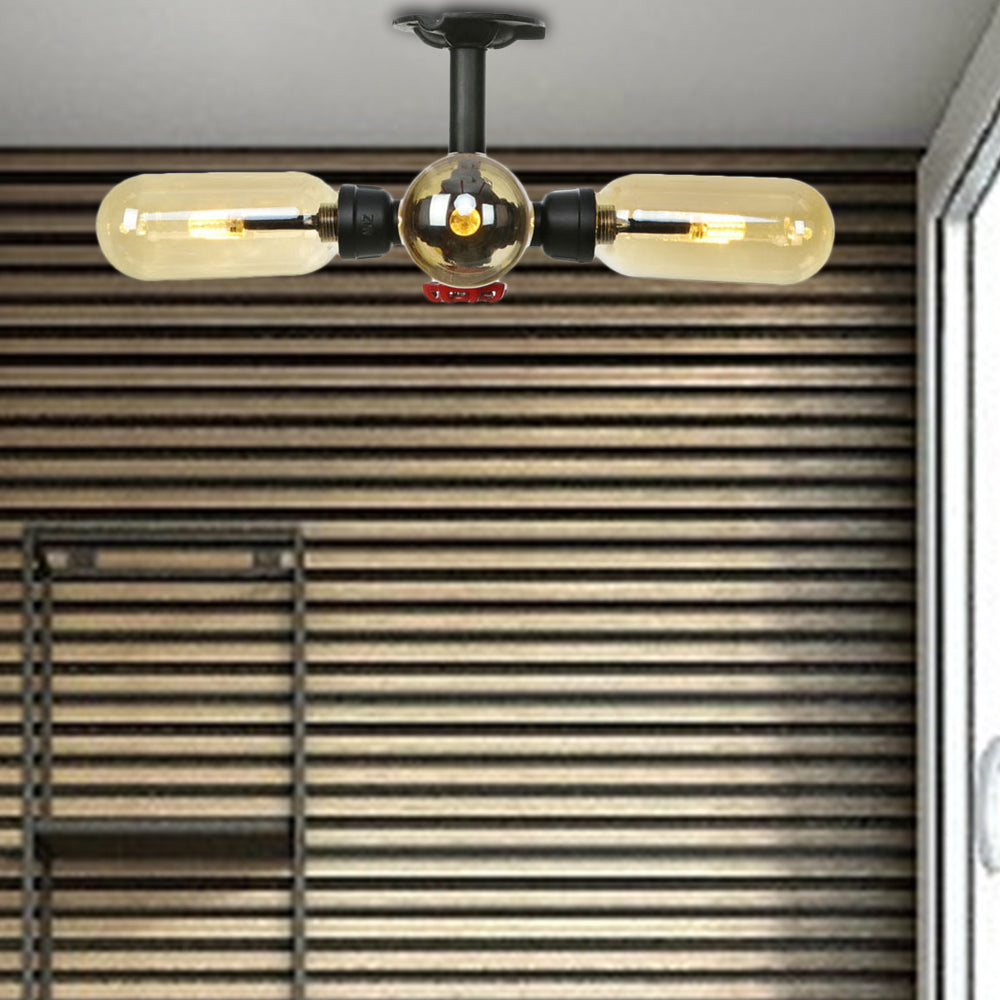 Rustic Amber Glass Ceiling Light With Semi - Flush Design - 4/5/6 Bulbs Matte Black Finish And Pipe