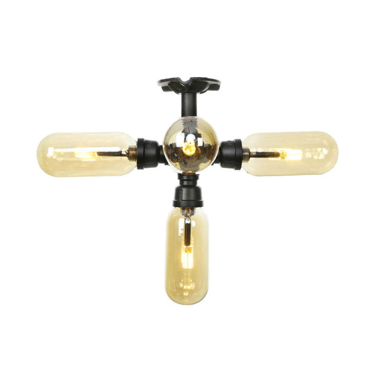 Rustic Amber Glass Ceiling Light With Semi - Flush Design - 4/5/6 Bulbs Matte Black Finish And Pipe