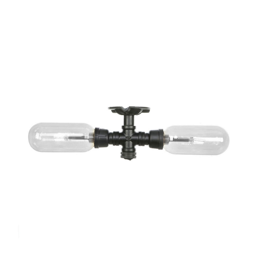 Vintage Matte Black Semi Mount Ceiling Light With Clear Glass Shades - 2-Light Capsule Design