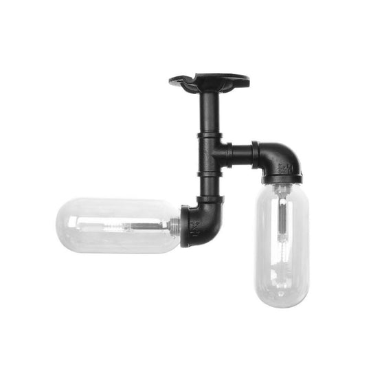 Vintage Matte Black Semi Mount Ceiling Light With Clear Glass Shades - 2 - Light Capsule Design