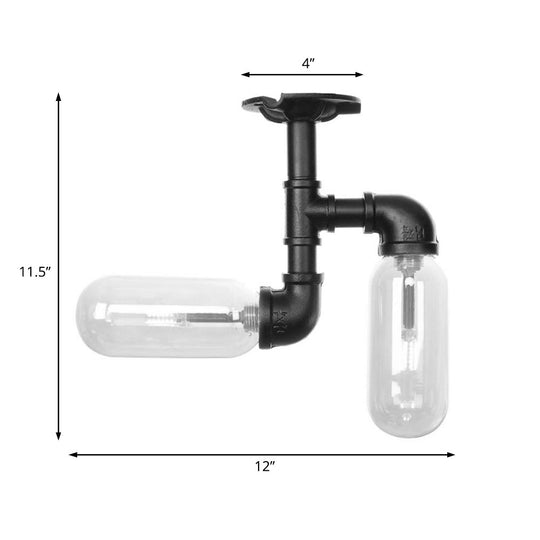 Vintage Matte Black Semi Mount Ceiling Light With Clear Glass Shades - 2-Light Capsule Design