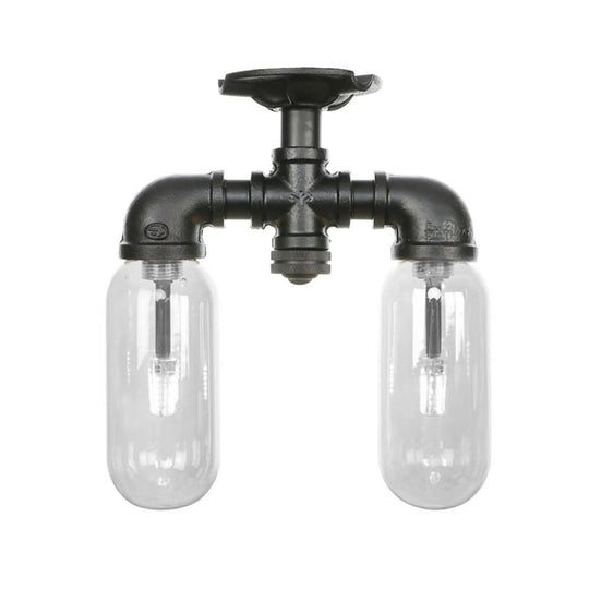 Vintage Matte Black Semi Mount Ceiling Light With Clear Glass Shades - 2 - Light Capsule Design