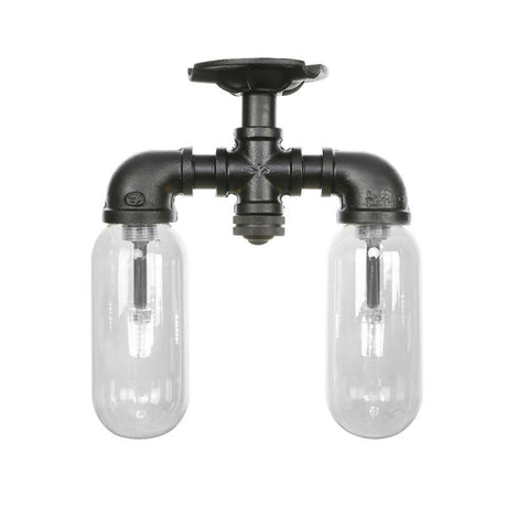Vintage Matte Black Semi Mount Ceiling Light With Clear Glass Shades - 2-Light Capsule Design