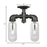 Vintage Matte Black Semi Mount Ceiling Light With Clear Glass Shades - 2-Light Capsule Design