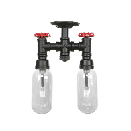 Vintage Matte Black Semi Mount Ceiling Light With Clear Glass Shades - 2-Light Capsule Design
