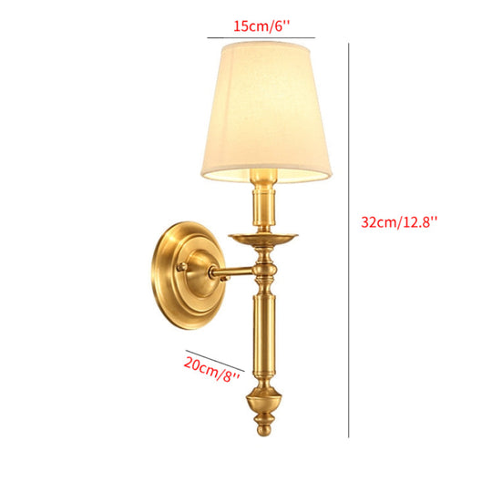 Country Fabric Tapered Wall Lighting: Single Light Brass Mounted Lamp With Metallic Arm