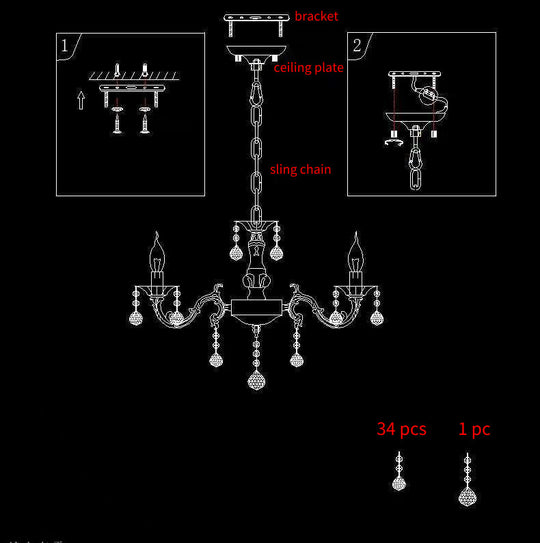 Rustic Metal Candle Suspension Lamp With Crystal Draping - White Corridor Chandelier