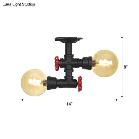 2 - Light Amber Glass Semi Flush Antiqued Black Sphere Ceiling Lamp
