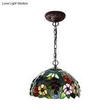 2-Light Domed Ceiling Chandelier With Stained Glass Tiffany Pendant Lighting In Red Green And Purple