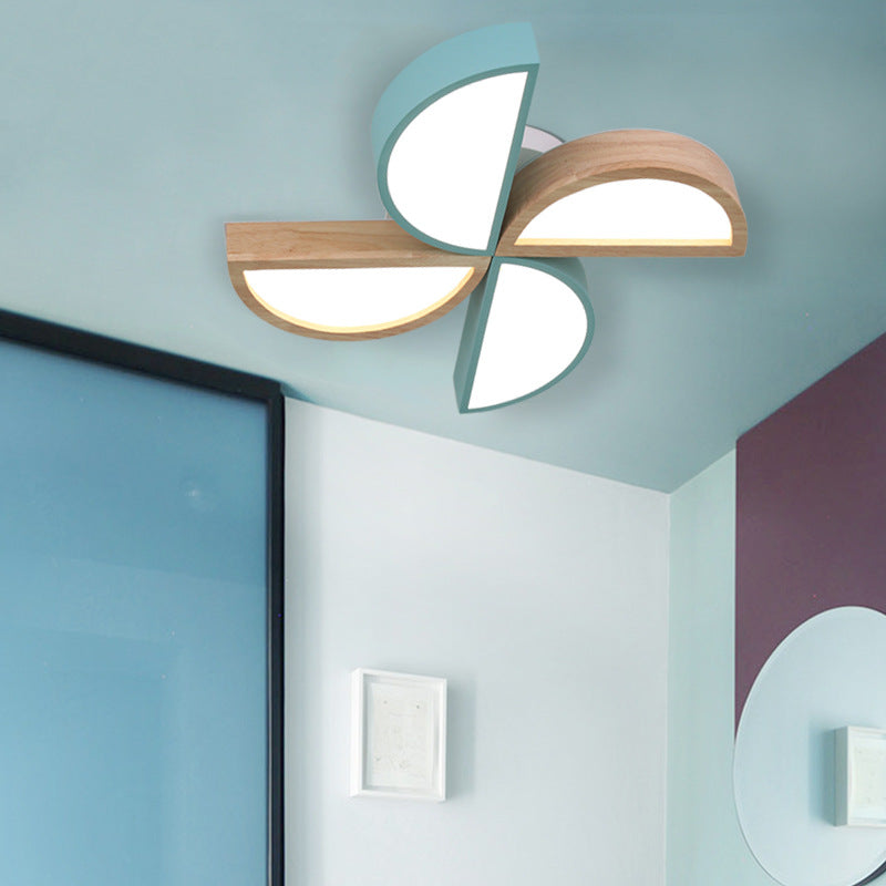 Cartoon-Inspired 4-Head Toy Windmill Led Flush Ceiling Light For Nursing Room Wooden And Metal Lamp