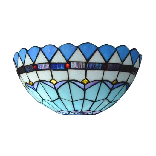 Blue Baroque Bowl Wall Mount Light: Stained Glass Sconce With/Without Pull Chain