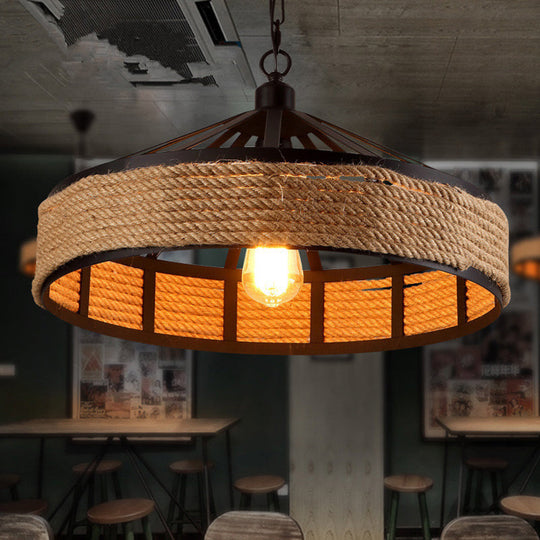 Metal Barn Hanging Ceiling Light: Antiqued 1 Bulb Pendant With Jute Rope Drop Black - Perfect For