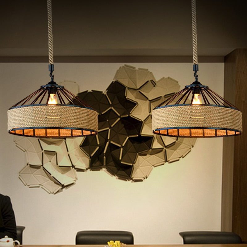 Farmhouse Metal Drop Lamp With Rope Barn Shade In Black - Perfect For Dining Room Suspension