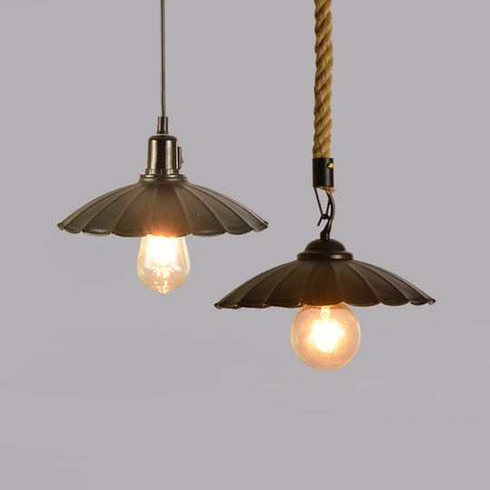 Vintage Black Scalloped Pendant Light - Metal 1-Light Suspension Lighting For Dining Room