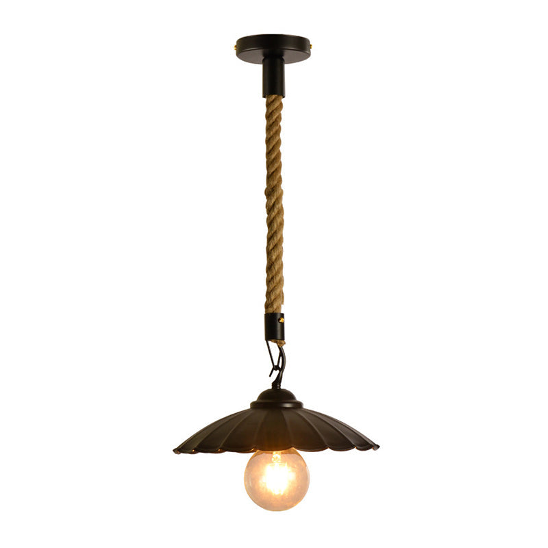 Vintage Black Scalloped Pendant Light - Metal 1-Light Suspension Lighting For Dining Room / Cord
