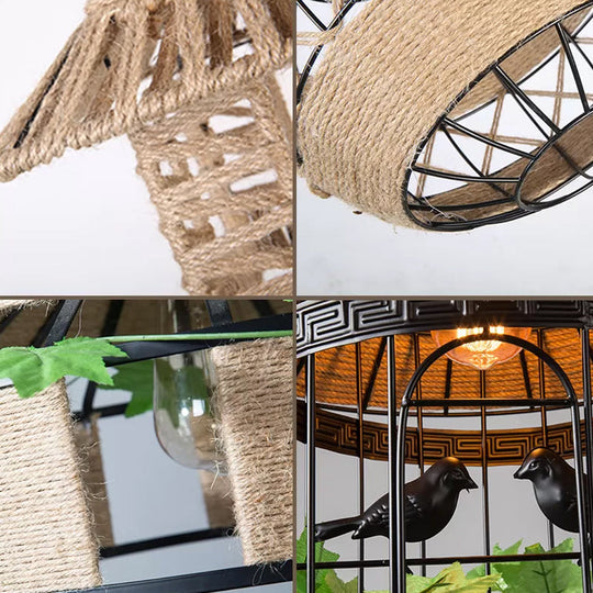 Farmhouse Birdcage Metal Pendant Ceiling Light - 1 Head Dining Room Rope Down Lighting In Beige