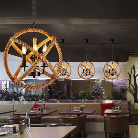 Factory Beige Natural Rope Globe Cage Chandelier Light With 3 Bulbs – Elegant Candle Design