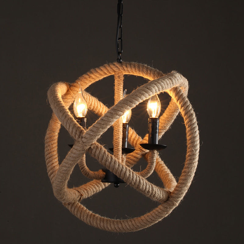 Factory Beige Natural Rope Globe Cage Chandelier Light With 3 Bulbs – Elegant Candle Design