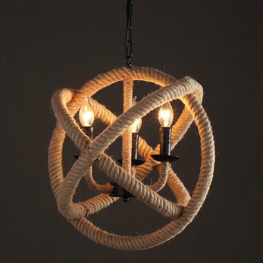 Factory Beige Natural Rope Globe Cage Chandelier Light With 3 Bulbs – Elegant Candle Design