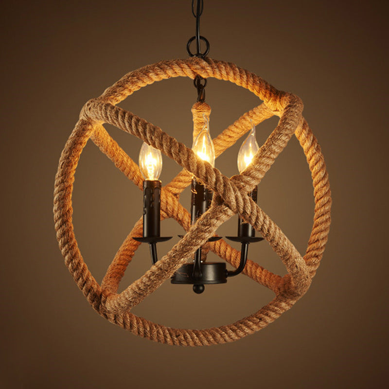 Factory Beige Natural Rope Globe Cage Chandelier Light With 3 Bulbs – Elegant Candle Design