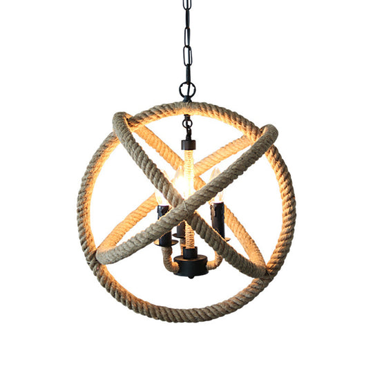 Factory Beige Natural Rope Globe Cage Chandelier Light With 3 Bulbs – Elegant Candle Design