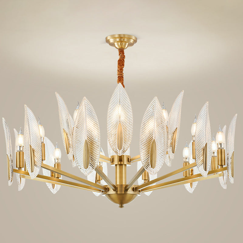 Postmodern Crystal Living Room Chandelier: Leaf-Shaped Brass Finish 6/8/18 Lights 15 /