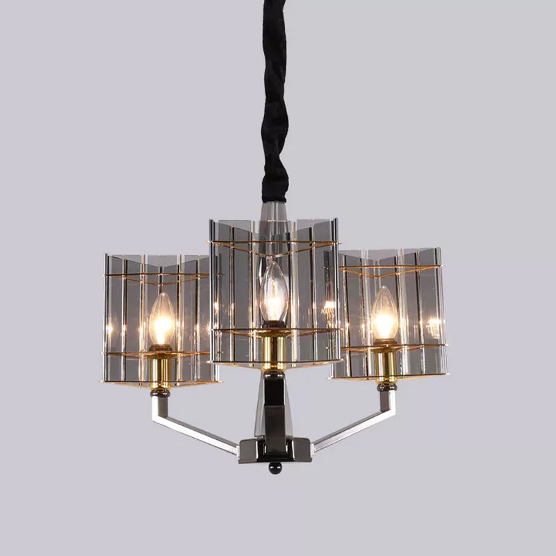 Postmodern Smoke Grey Glass Silver Chandelier - Elegant Hanging Light Fixture With Triangle Prism