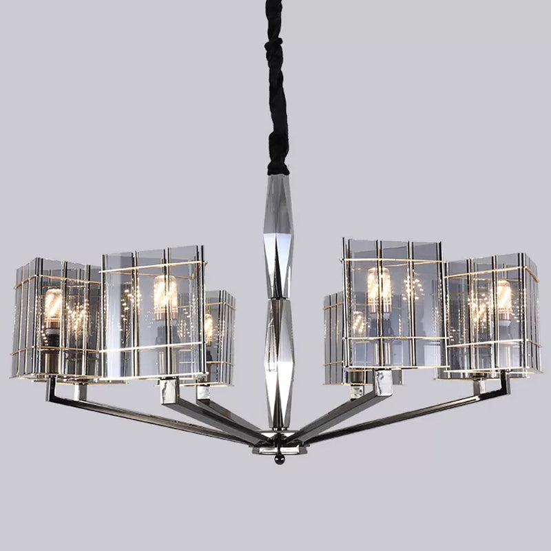 Postmodern Smoke Grey Glass Silver Chandelier - Elegant Hanging Light Fixture With Triangle Prism