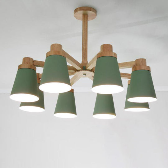 Simplicity 8-Light Wood Radial Chandelier Pendant Lighting Kit With Metal Barrel Shade Green