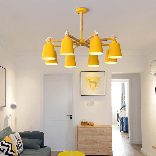 Wooden Nordic Starburst Chandelier Pendant With 8 Lights And Metal Shade