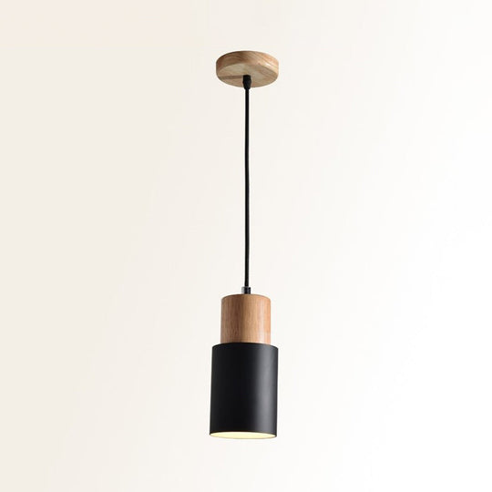 Wooden Cylinder Pendant Ceiling Light With Metal Shade And Down Lighting