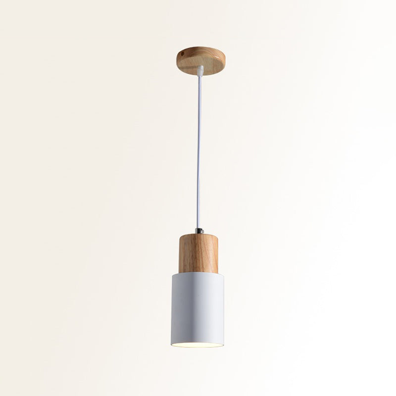 Wooden Cylinder Pendant Ceiling Light With Metal Shade And Down Lighting