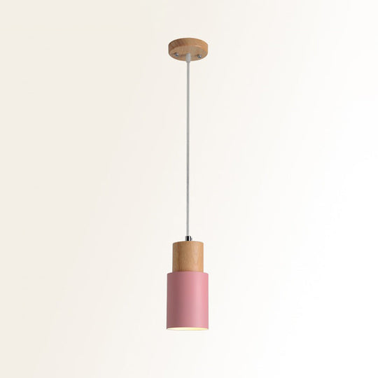 Wooden Cylinder Pendant Ceiling Light With Metal Shade And Down Lighting Pink