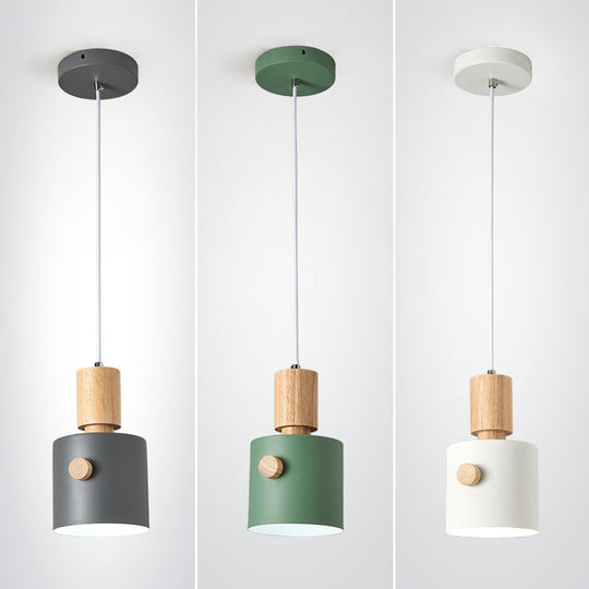 Metal Pendant Light Kit With Modern Cylinder Design For Dining Room Ceiling Suspension - Wood Grip