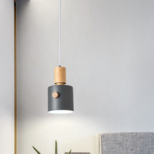 Metal Pendant Light Kit With Modern Cylinder Design For Dining Room Ceiling Suspension - Wood Grip