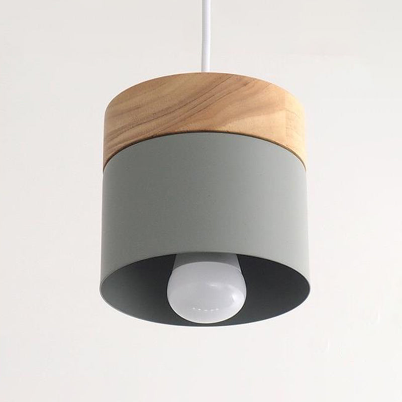 Sleek Metal Cylinder Pendant Lamp With Wood Top - 1-Bulb Down Lighting For Dining Room Khaki