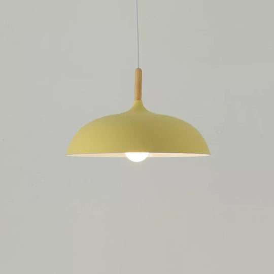 Modern Metal Macaron Dome Hanging Lamp - Dining Room Pendant Light With Wood Accent Yellow / Small