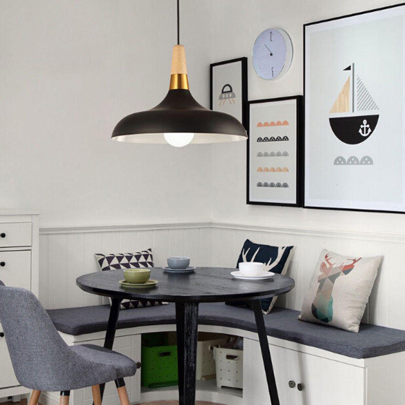 Modern Metal Barn Pendant Light With Wood Grip - 1-Light Ceiling Lamp Black