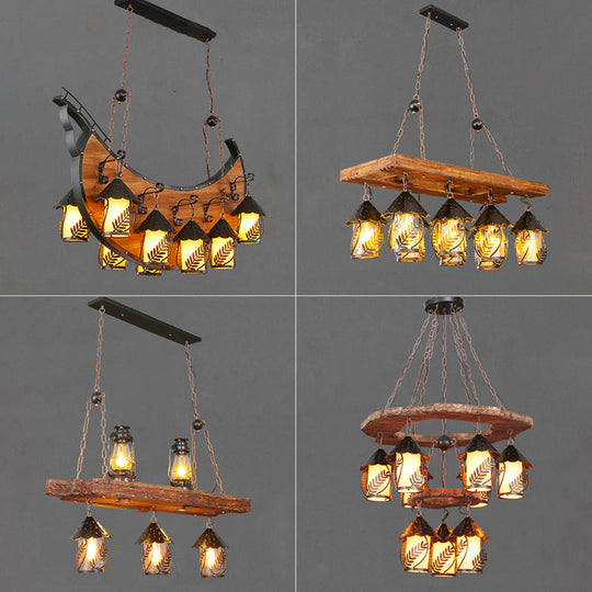 Metallic Chandelier Wood Lantern With Leaf Pattern - Elegant Restaurant Suspension Lamp