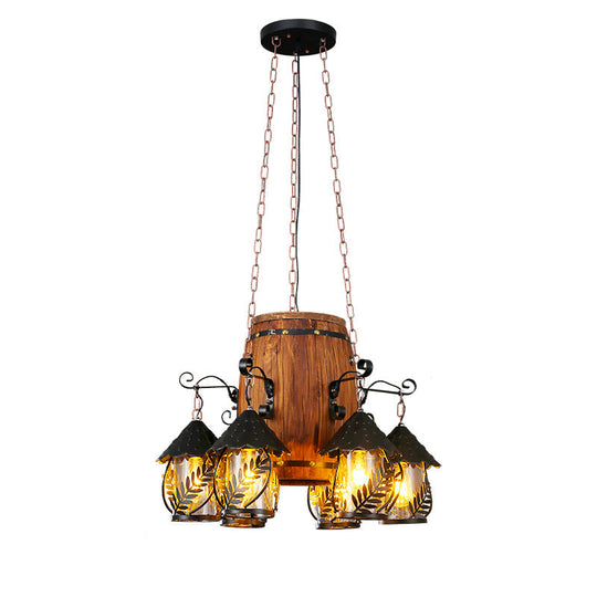 Leaf Pattern Wood Lantern Chandelier - Stylish Metallic Lighting For Restaurants / C