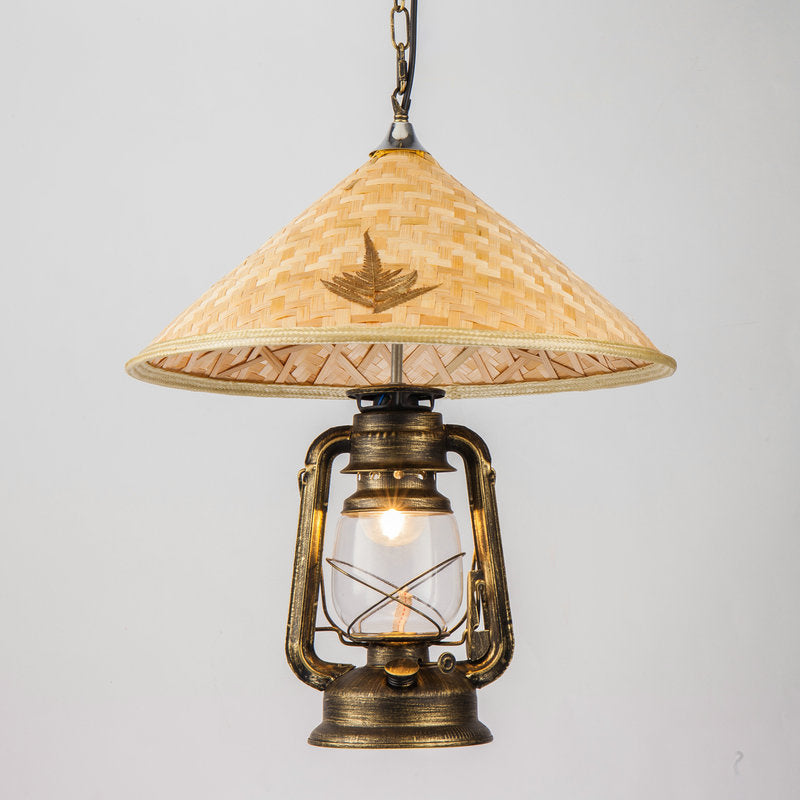 Coastal Lantern Pendant Lamp: Clear Glass Hanging Light Fixture With Bamboo Top Bronze / B