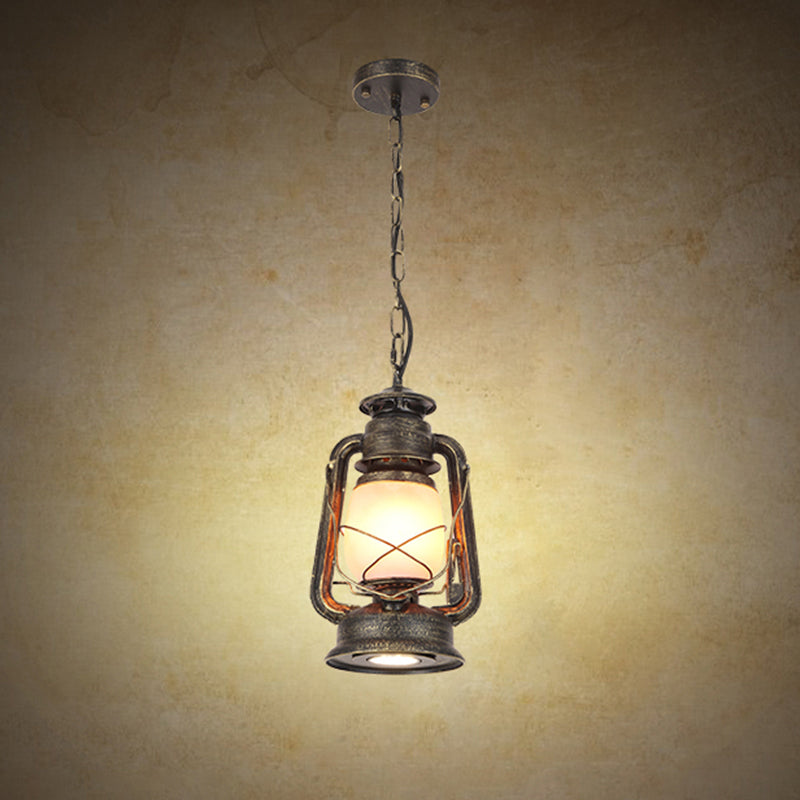Frosted Glass Pendant Light Fixture: Kerosene 1-Light Warehouse Ceiling Lamp For Restaurants Bronze