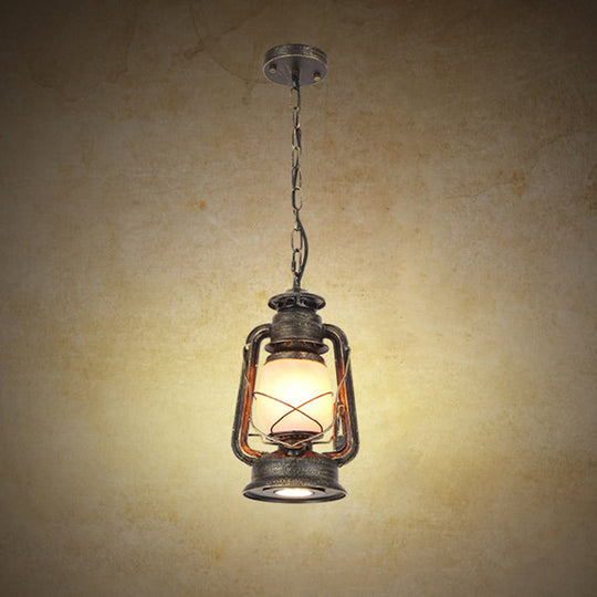 Frosted Glass Pendant Light Fixture: Kerosene 1-Light Warehouse Ceiling Lamp For Restaurants Bronze