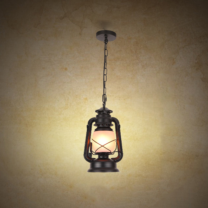 Frosted Glass Pendant Light Fixture: Kerosene 1-Light Warehouse Ceiling Lamp For Restaurants Black